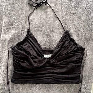 Zara Ruched Halter Plunge Black Crop Top Size L Large